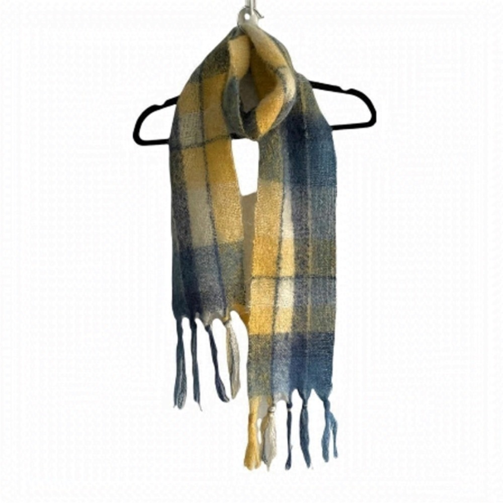 ST ALBANS Mohair Wool Plaid Scarf Yellow Blue Cream One Size